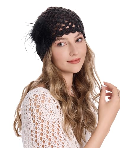 ZLYC Women Crochet Beanie Hat Summer Handmade Knit Decorated Skull Cap - color: Feather Black Mixed Brown Black