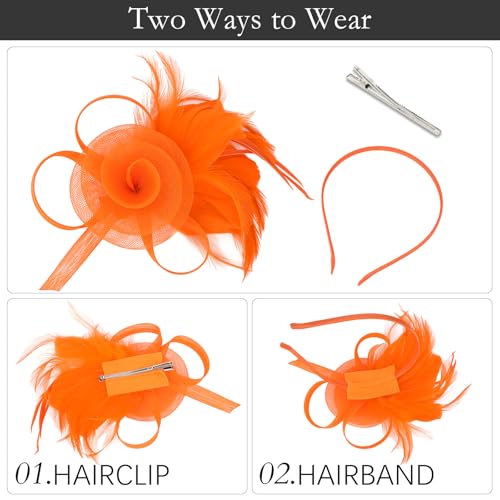 AMCAMI Fascinators Hats with Feather for Women 2026 Derby Hats Small Tea Party Hat with Headband - color: Orange