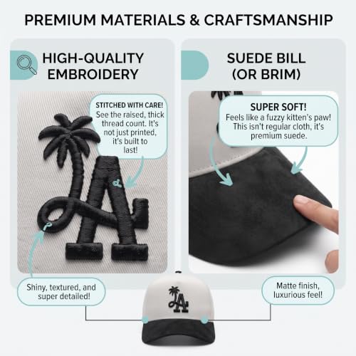 LA Palm Tree Baseball - Premium A-Frame Snapback One Size Fits All Men's and Women's Hat Adjustable Cotton Suede - color: Off White With Black