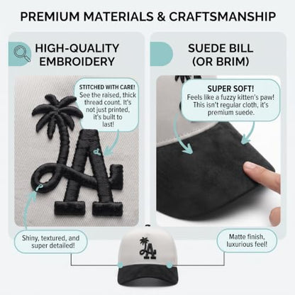 LA Palm Tree Baseball - Premium A-Frame Snapback One Size Fits All Men's and Women's Hat Adjustable Cotton Suede - color: Off White With Black