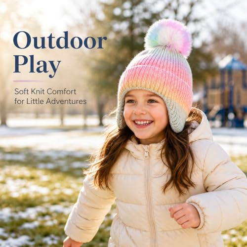 Kids Winter Hat with Ear Flaps, Toddler Boys Girls Fleece Lined Knit Beanie Colorful Pattern Pom Pom Ski Cap for 2-10Y - color: Rainbow Colors(knit Lined), size: 2-4T