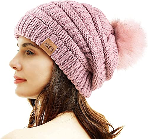 REDESS Women Winter Pom Pom Beanie Hat with Warm Fleece Lined - color: Light Pink