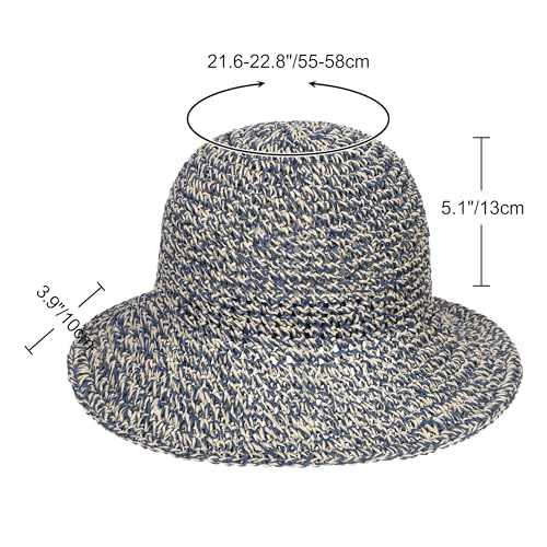 Womens Sun Hat Handmade Crochet Straw Bucket for Summer Foldable Travel Cap - color: Beige & Blue