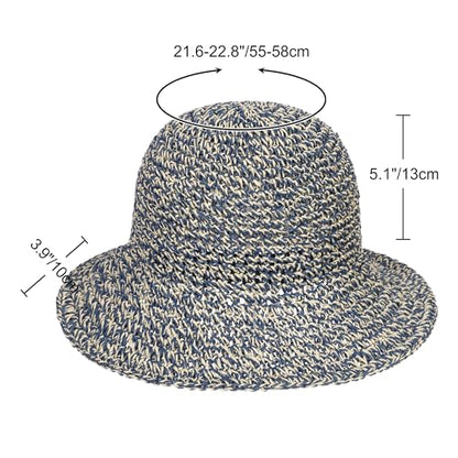 Womens Sun Hat Handmade Crochet Straw Bucket for Summer Foldable Travel Cap - color: Beige & Blue
