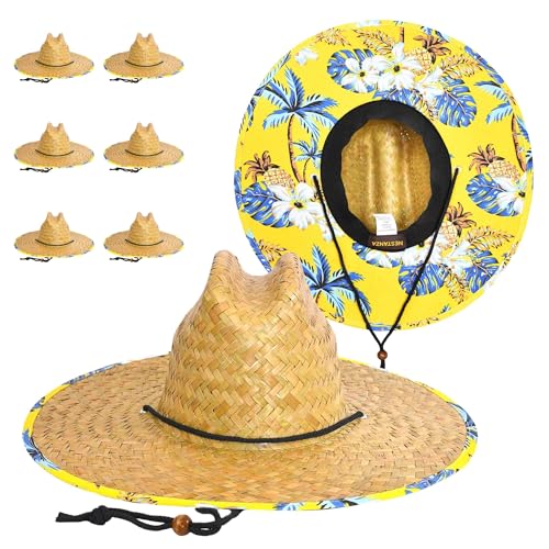 6 Pack Straw Hats – Bulk Wide Brim Lifeguard Sun Hats for Men & Women with Adjustable Chin Strap - color: Natural Straw With Yellow Floral Lining