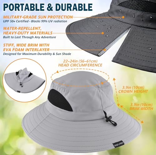 Wide Brim Sun Bucket Hat, Waterproof Boonie Hat for Men & Women - color: 01 Light Grey