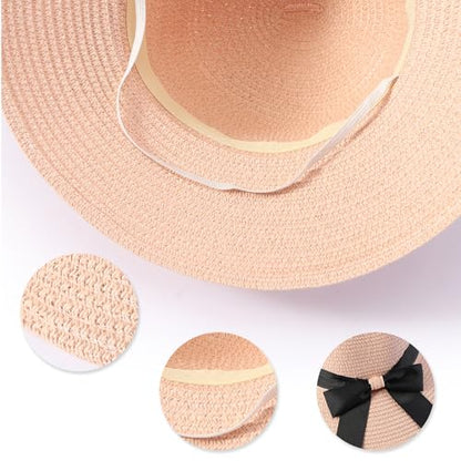 MILAKOO Straw Mesh Buckle Hat Ribbon Bow Cap Strap Foldable Roll Up Cap Sun Protection Hat for Travel - color: 01 Pink