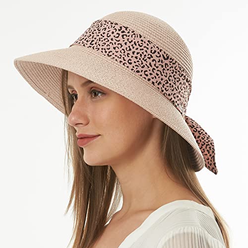 Womens Straw Sun Hat Summer Beach Wide Brim UV Protection Hats with Chin Strap Floppy Foldable Cute Bowknot UPF 50 Cap - color: Leopard Pink