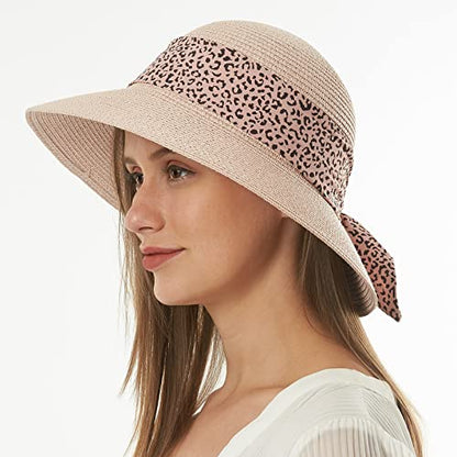 Womens Straw Sun Hat Summer Beach Wide Brim UV Protection Hats with Chin Strap Floppy Foldable Cute Bowknot UPF 50 Cap - color: Leopard Pink