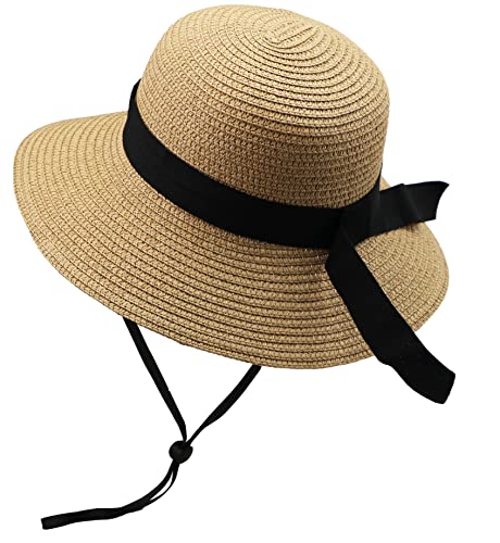 Girls Wide-Brim Straw Sun-Hat for Summer Beach with Bow - color: Khaki(bow-straw Hat), size: 9-17 Years