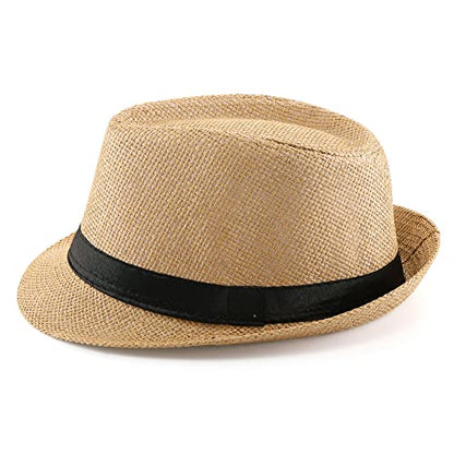 FALETO Unisex Summer Panama Straw Fedora Hat Short Brim Beach Sun Cap Classic - color: #01 Khaki