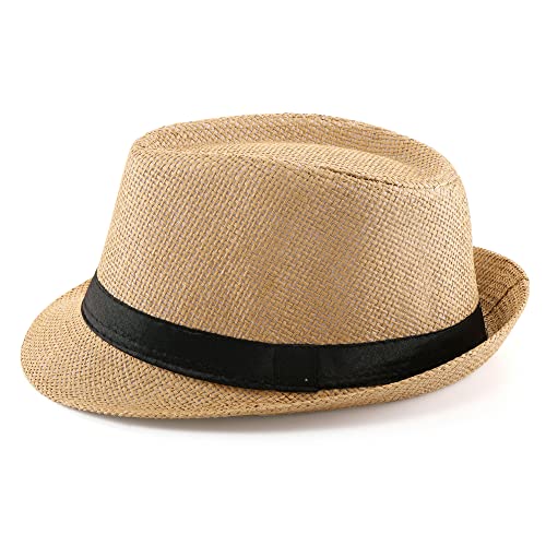 FALETO Unisex Summer Panama Straw Fedora Hat Short Brim Beach Sun Cap Classic - color: #01 Khaki