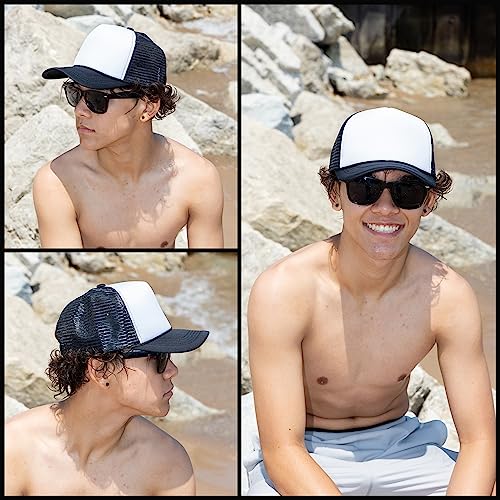 Funky Junque Blank Mesh Foam Lightweight Snapback Trucker Hat - color: Hat (Black/White) & Sunglasses (Black)