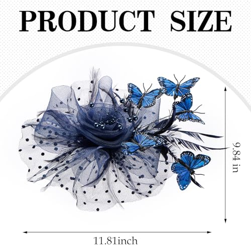 Zinniday Butterfly Derby Hat 2025 - Classic Tea Party Hats with Hair Clip, 1920s 50s Fascinators for Lady Woman - color: Navy Blue