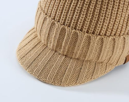 Home Prefer Men's Winter Hat Thick Knit Beanie Cap with Visor Newsboy Beanie Hat - color: Khaki Apricot