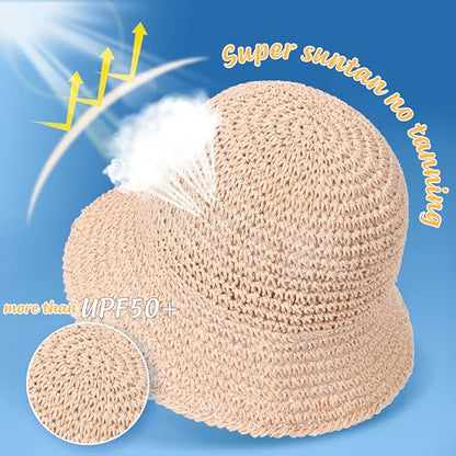Womens Sun Hat Handmade Straw Bucket UV Protection Travel Summer Beach Cap - color: Pale Dogwood