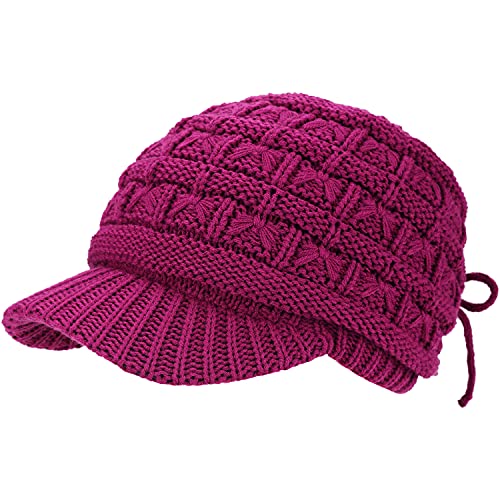 BYOS Womens Winter Chic Cable Warm Fleece Lined Crochet Knit Hat W/Visor Newsboy Cabbie Cap - color: Basket Woven-magenta Pink