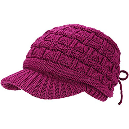 BYOS Womens Winter Chic Cable Warm Fleece Lined Crochet Knit Hat W/Visor Newsboy Cabbie Cap - color: Basket Woven-magenta Pink