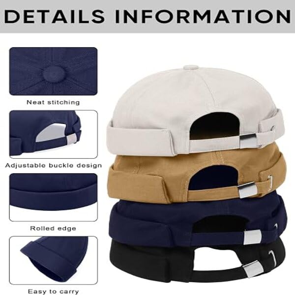 Men's Cotton Brimless Docker Cap 4 Pack Adjustable Rolled Cuff