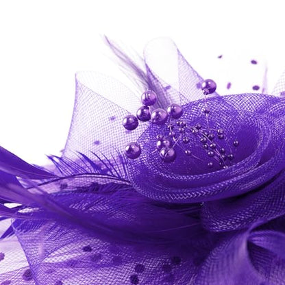 WLBON Fascinators Hat 20s 50s Headband Hair Clips Flower Mesh Veil Feather Headpiece Headwear Women Halloween Carnival Cocktail Wedding Church Cosplay Dress Up Birthday Tea Party Accessories Purple - color: Purple Tone