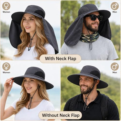 HUAMULAN Women Men Wide Brim Sun Hat Hiking Fishing Hats with Neck Flap - color: Yq005-darkgray