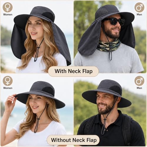 HUAMULAN Women Men Wide Brim Sun Hat Hiking Fishing Hats with Neck Flap - color: Yq005-darkgray