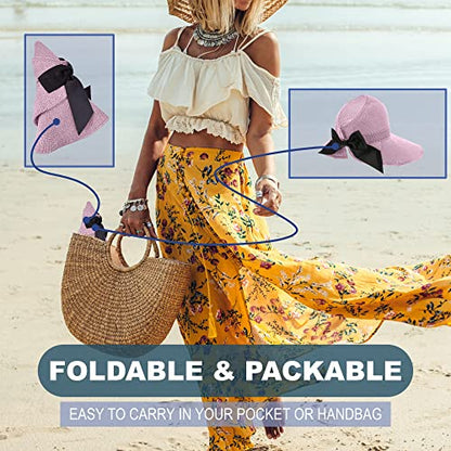Straw Sun Visor for Women, Wide Brim UPF 50+ Protection Beach Hat, Adjustable, Roll Up Foldable Ponytail Cap with Chin Strap - color: A Light Pink