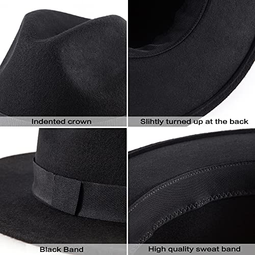 Felt Wide Brim Fedora Hats for Women Men, with Band Belt Buckle, Adjustable - color: 001 Black