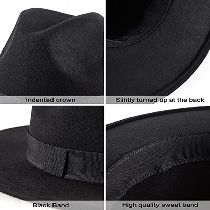 Felt Wide Brim Fedora Hats for Women Men, with Band Belt Buckle, Adjustable - color: 001 Black