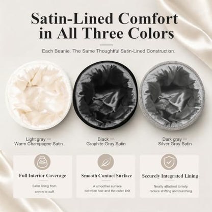 3 Pack Satin Lined Beanies for Men and Women Silk Warm Cuffed Winter Hats - color: Black+white+light Grey