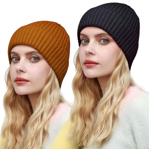 ROYBENS Womens Satin Lined Beanie for Men Wool Knit Cuffed Warm Winter Hats - color: 2pcs (Camel+black)