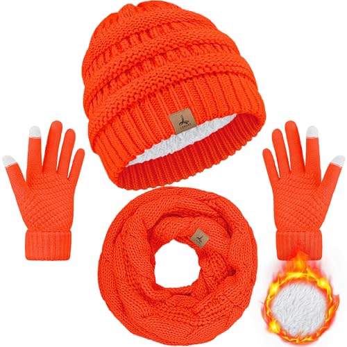LOROME Winter Beanie Hat Scarf Gloves, Warm Fleece Knit Neck Scarf Set Gift - color: Fluorescent Orange