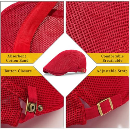 Xinveen Men's Mesh Cap Breathable Summer Newsboy Hat Adjustable Beret Ivy Cap Irish Cabbie Driving Hunting Hats - color: Red