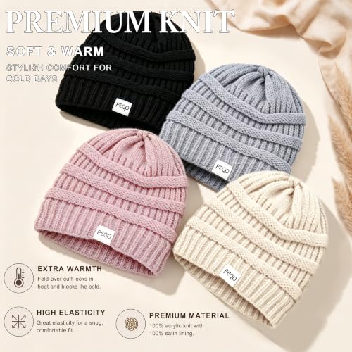 FEQO 4 Pack Satin Lined Beanies Slouchy Beanie Oversized Cable Knit Caps - color: Black, Pink, Light Grey, Beige
