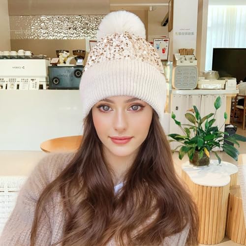 Women Sparkly Sequins Knitted Beanie Hat Warm Winter Skull Cap with Faux Fur Pom Pom - color: X Ceamy White With Knit Cuffs