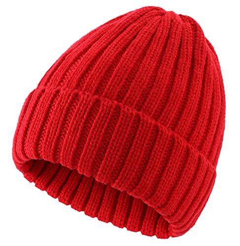 Connectyle Women's Rib Knit Cuffed Beanie Hat Stretch Acrylic Winter Hat Thick Warm Snow Ski Cap - color: Red