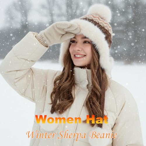 Women Winter Sherpa Beanie Hats Knit Ear Flap Hat Fleece Lined - color: Patterned Coffee