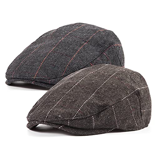 2-Pack Adjustable Newsboy Hats for Men Flat Cap Irish Wool Blend Tweed - color: Plaid Black+dark Brown 2pack, size: Large-X-Large