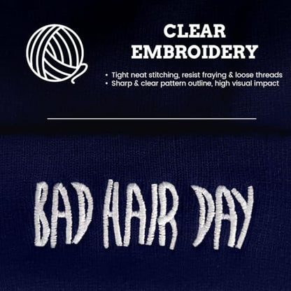Knit Beanie Hat for Women Men Bad Hair Day Embroidered Winter Skull Cap - color: Navy Blue
