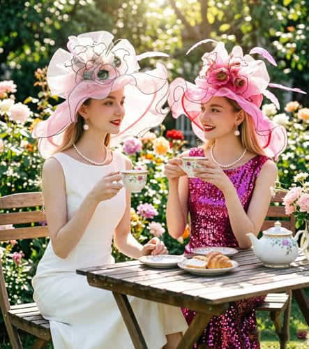 ORIDOOR Women Organza Fascinator Church Derby Hat Floral Tea Party Wedding Hat - color: A865-pink