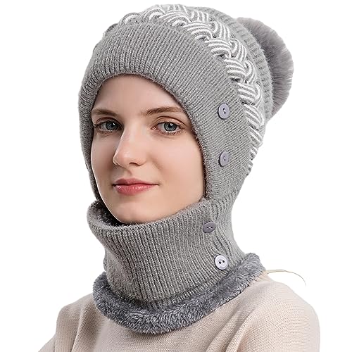 HUAMULAN Women Winter Knit Balaclava Fleece Lined Hooded Beanie Hats - color: Grey, size: One Size