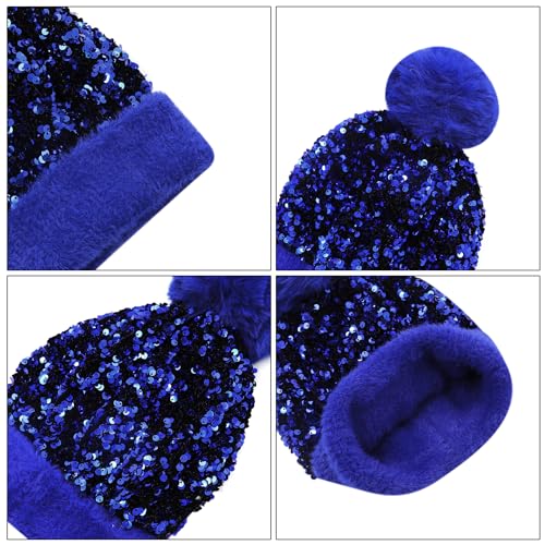 Women Girls Winter Sequin Beanie Hat with Faux Fur Pom Pom Knit Skull Cap - color: Blue