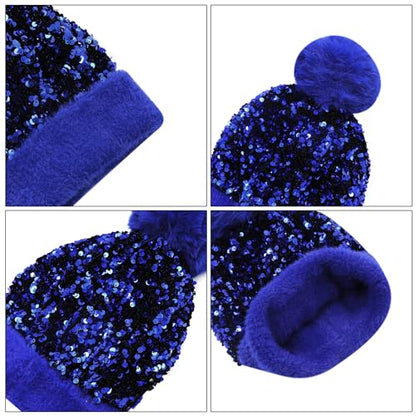 Women Girls Winter Sequin Beanie Hat with Faux Fur Pom Pom Knit Skull Cap - color: Blue