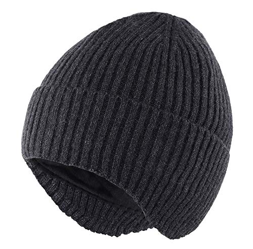 Connectyle Fleece Lined Beanie Hat for Men Women Warm Winter Hats with Earflaps Stretchy Ribbed Knit Skull Cap - color: Grey