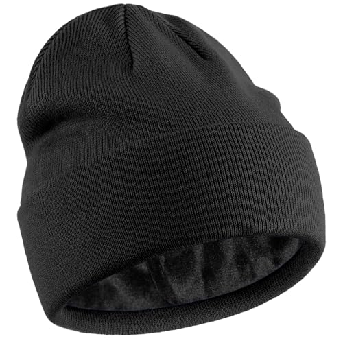 Fleece Lined Wool Beanie Hat Men Women, Warm Cuffed Winter Cap - color: Black