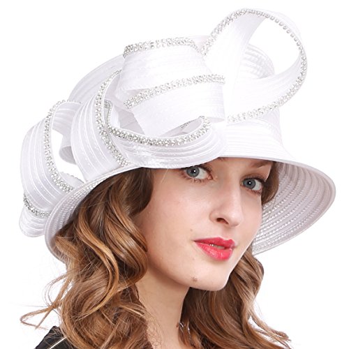 VECRY Womens Tea Party Church Baptism Wedding Derby Dressy Hat - color: Rhinestone-white