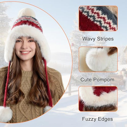 Women Winter Sherpa Beanie Hats Knit Ear Flap Hat Fleece Lined - color: Patterned Wine Red