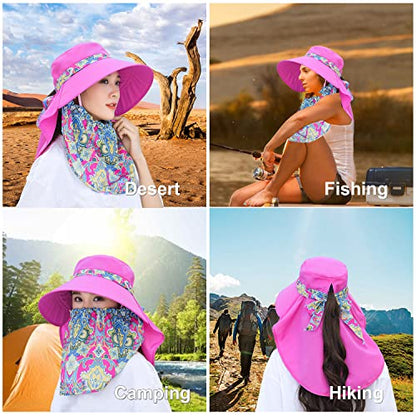 Women Wide Brim Face Mask Sun Hat Detachable Neck Face Flap Ponytail UV Protection Visor Hat Garden Fishing Hiking - color: M9099-hot-pink