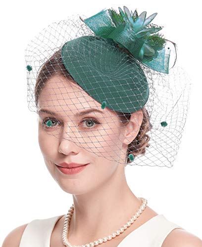 Fascinator Hats for Women 20s 50s Vintage Pillbox Hat Kentucky Derby Fascinators Flower Veil Wedding Tea Party Hat - color: 1-green