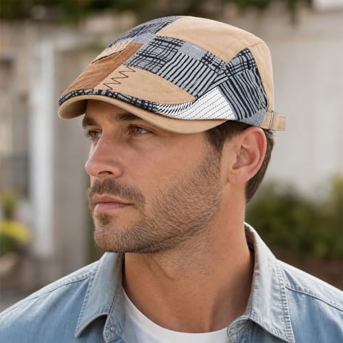Classic Flat Cap for Men, Adjustable Cotton Newsboy Cap - color: Khaki 1